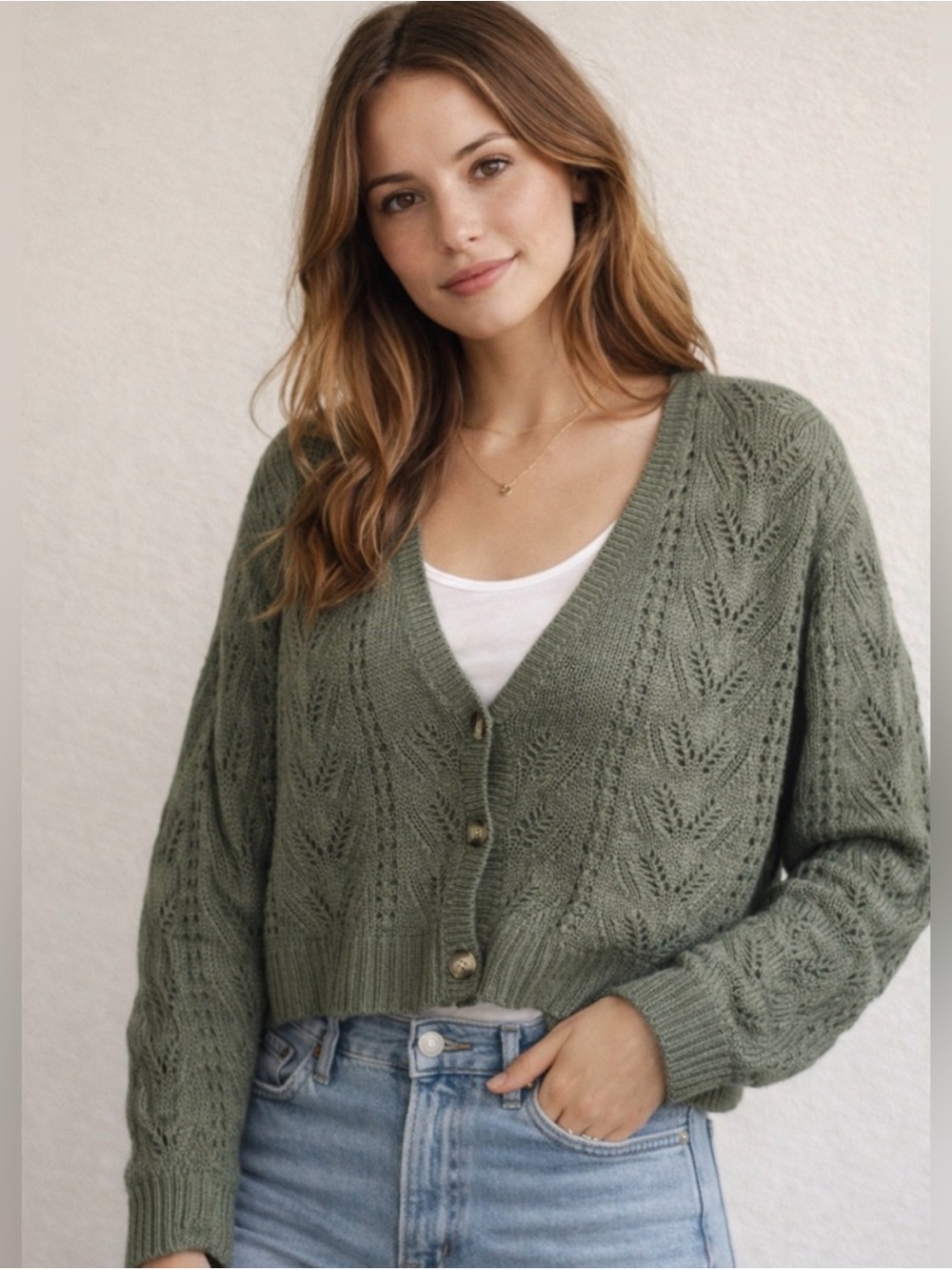 American Eagle Outfitters Olive Green Knit Cropped Cardigan
